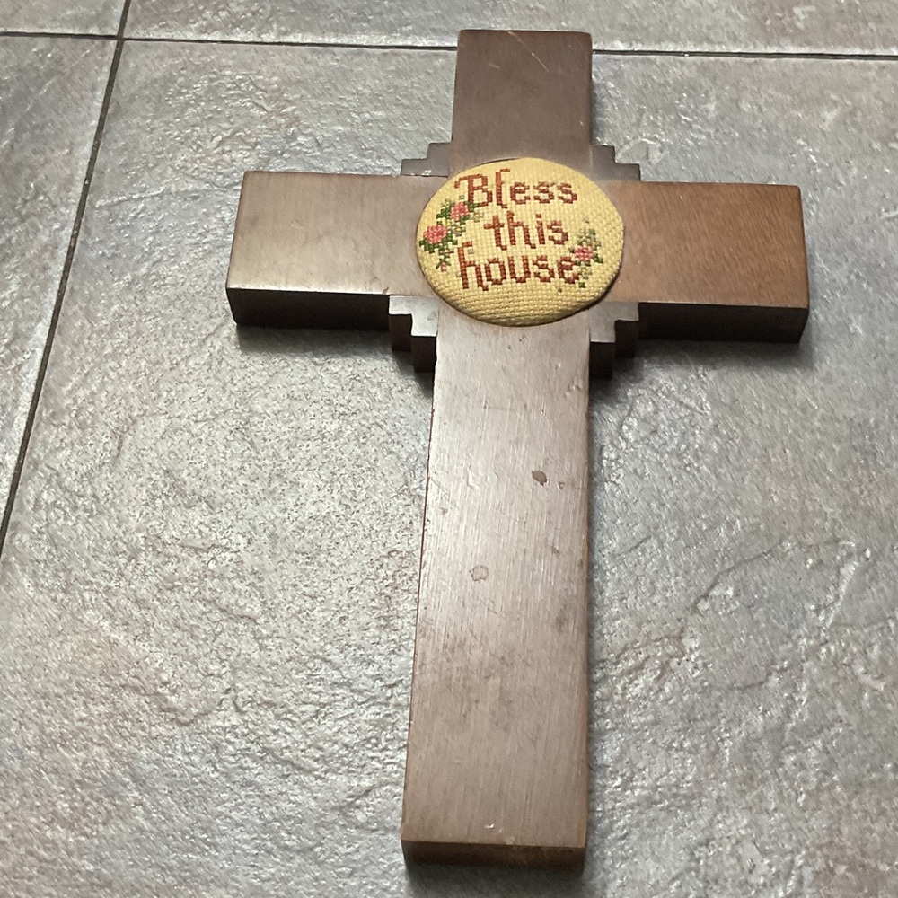Brown Wooden Cross with Embroidered Blessing